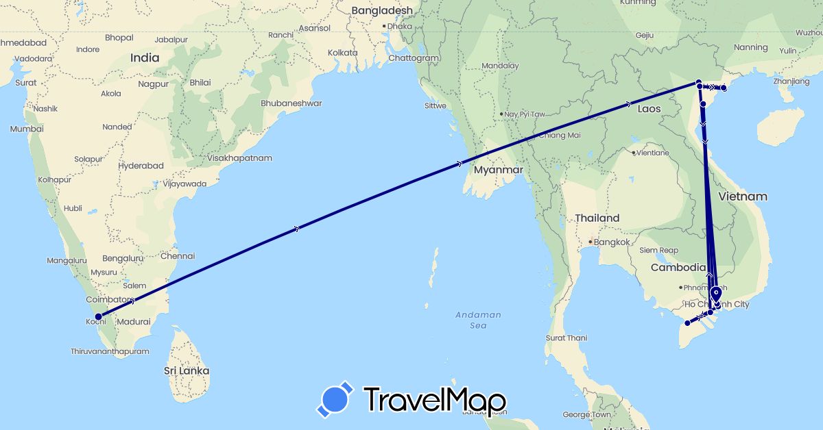 TravelMap itinerary: driving in India, Vietnam (Asia)